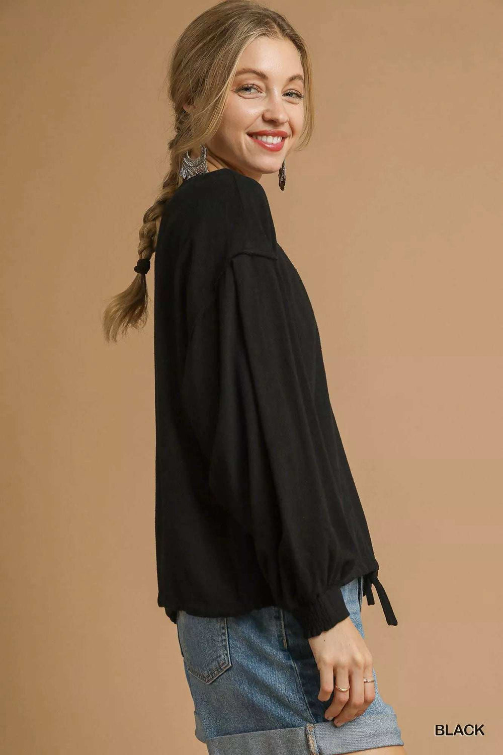Umgee Full Size Linen Long Sleeve Top with Drawstring Plus Size - Trendsi - Flyclothing LLC