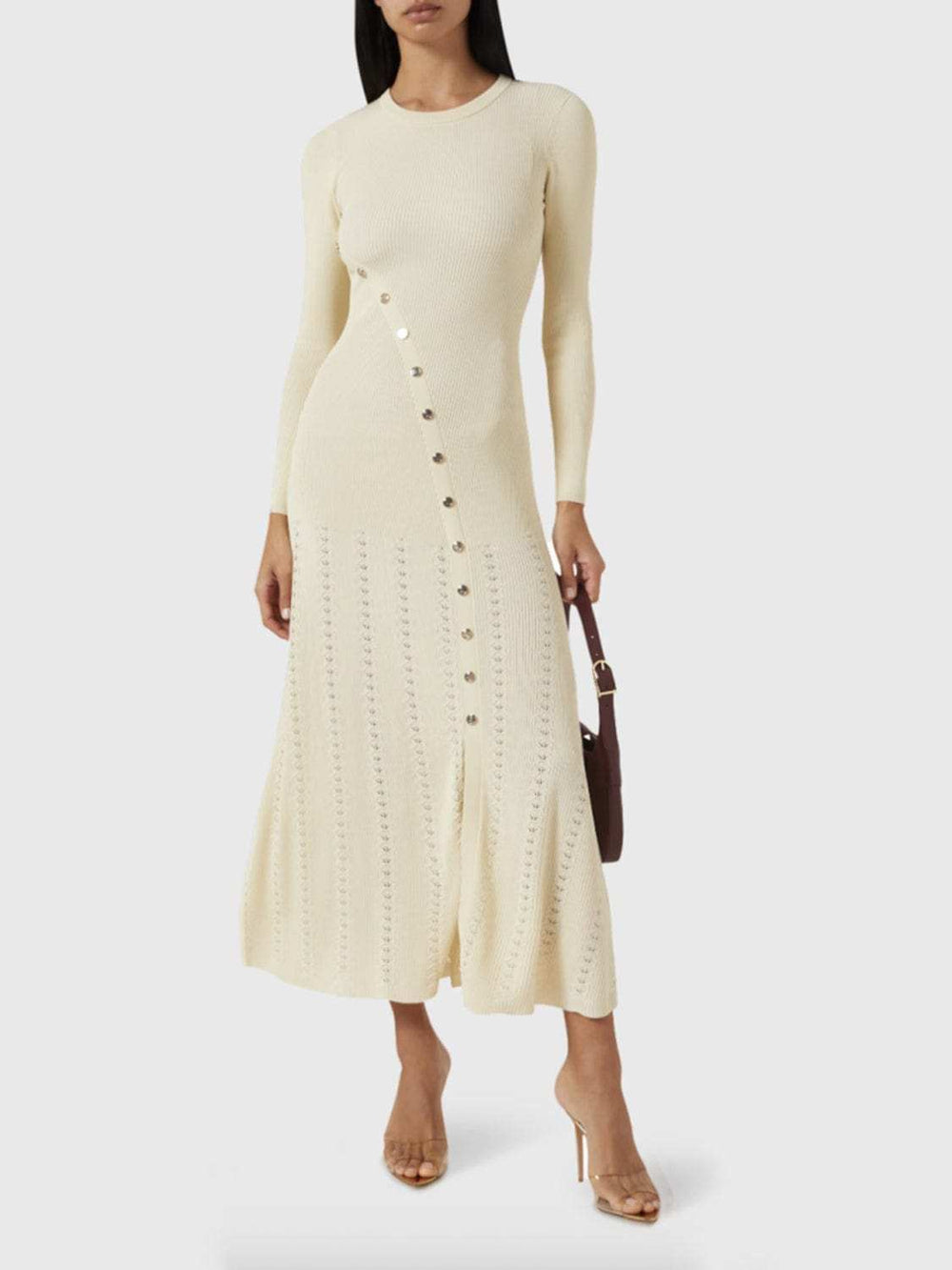 Openwork Round Neck Long Sleeve Sweater Dress - Trendsi - Flyclothing LLC