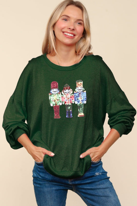 Haptics Sequin Nutcracker Patch Hacci Knit Top - Trendsi