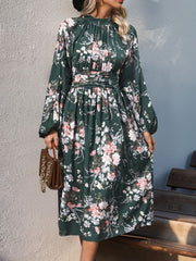 Ruched Printed Mock Neck Long Sleeve Midi Dress - Trendsi