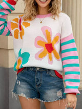 Floral Striped Crew Neck Sweater - Trendsi - Flyclothing LLC