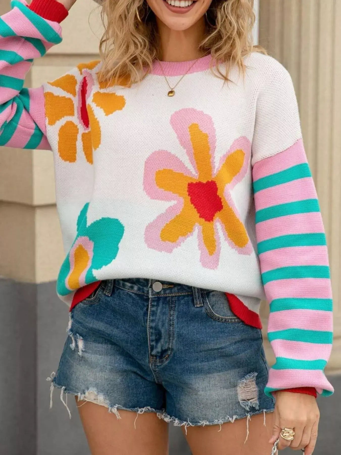 Floral Striped Crew Neck Sweater - Trendsi - Flyclothing LLC