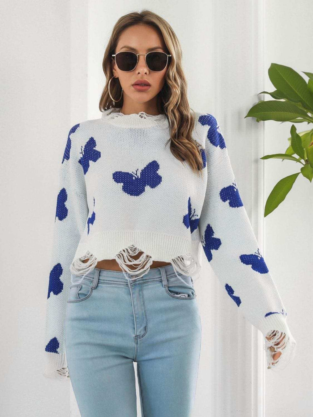 Distressed Butterfly Cropped Sweater - Trendsi - Flyclothing LLC