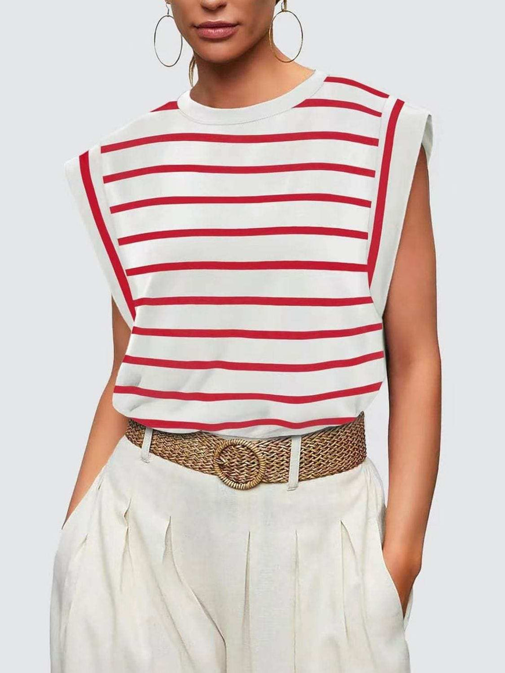 Florira Striped Round Neck Cap Sleeve T-Shirt - Trendsi - Flyclothing LLC