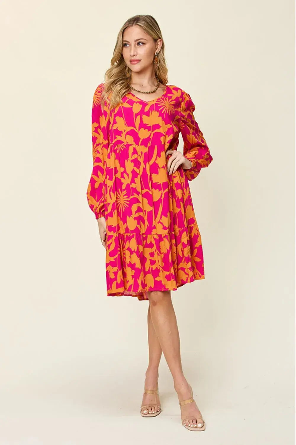 Double Take Full Size Printed Ruffle Hem Dress with Pocket - Trendsi - Flyclothing LLC