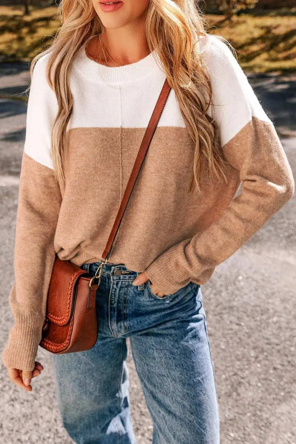 Color Block Round Neck Long Sleeve Sweater - Trendsi - Flyclothing LLC