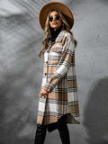 Plaid Collared Neck Long Sleeve Coat - Trendsi - Flyclothing LLC