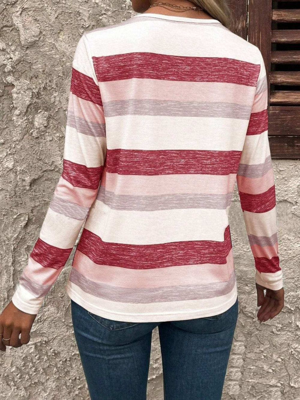 Contrast Striped V-Neck Long Sleeve T-Shirt - Trendsi - Flyclothing LLC