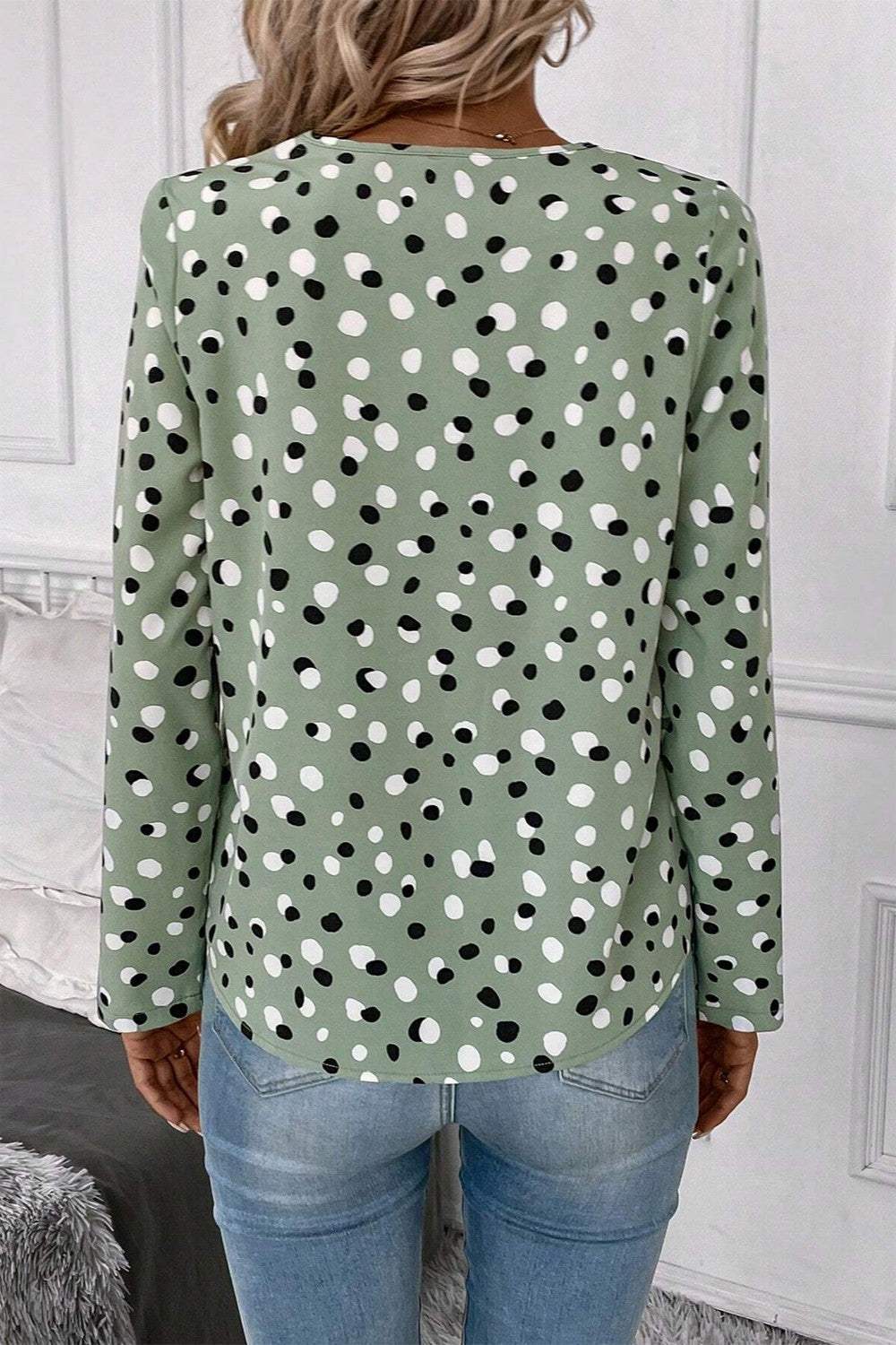 Printed V-Neck Long Sleeve Blouse - Trendsi - Flyclothing LLC