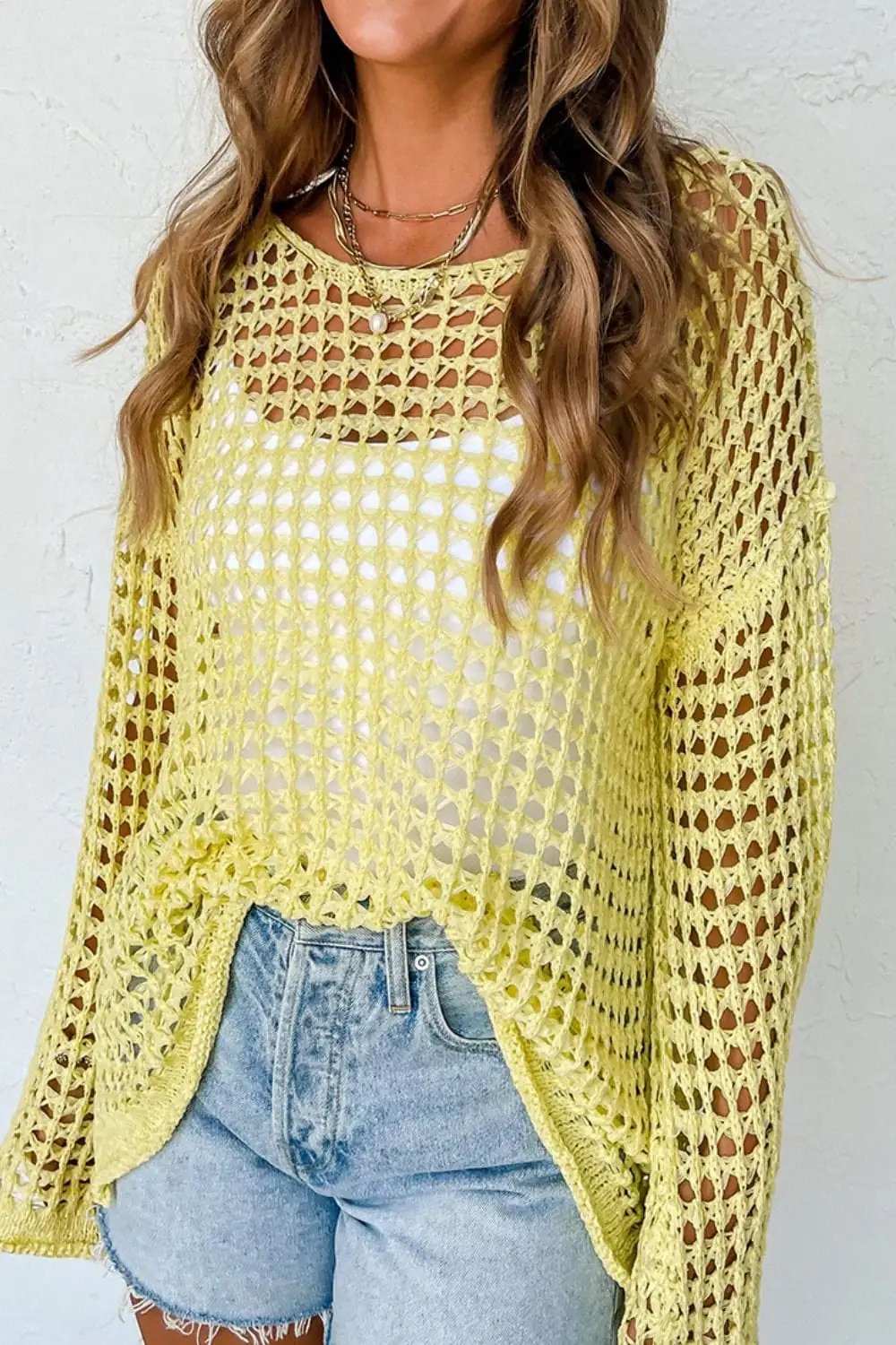 Openwork Round Neck Dropped Shoulder Knit Cover Up - Trendsi - Flyclothing LLC