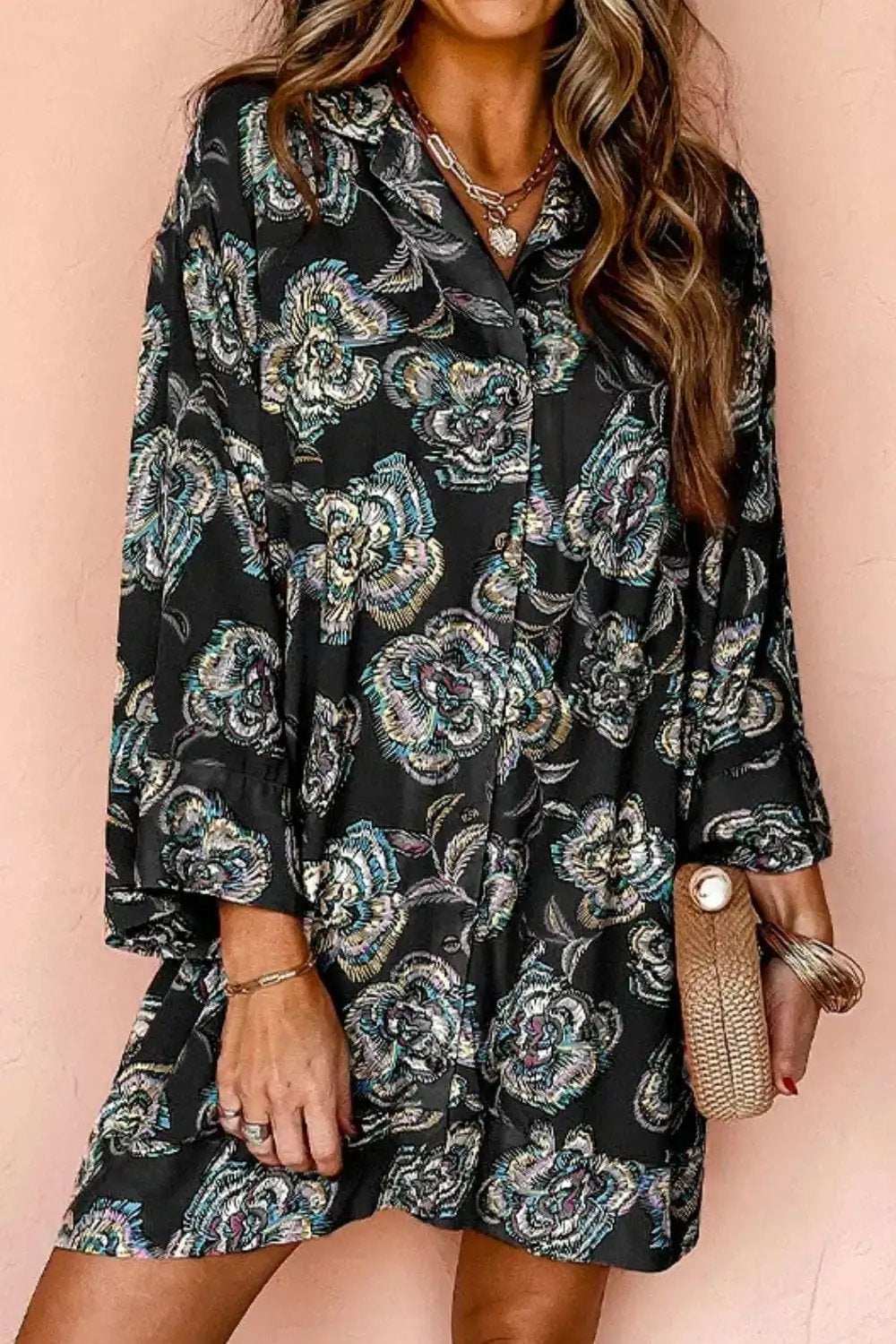 Printed Button Up Three-Quarter Sleeve Shirt Dress - Trendsi - Flyclothing LLC