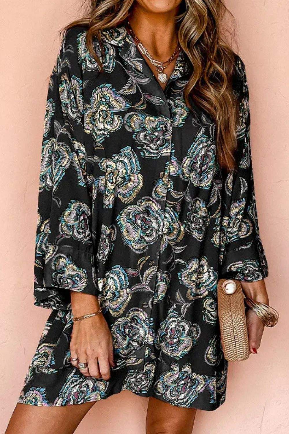 Printed Button Up Three-Quarter Sleeve Shirt Dress - Trendsi - Flyclothing LLC