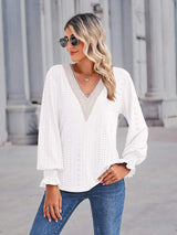 V-Neck Eyelet Flounce Sleeve Blouse - Trendsi - Flyclothing LLC