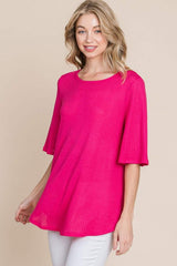 BOMBOM Round Neck Waffle Knit T-Shirt - Trendsi - Flyclothing LLC