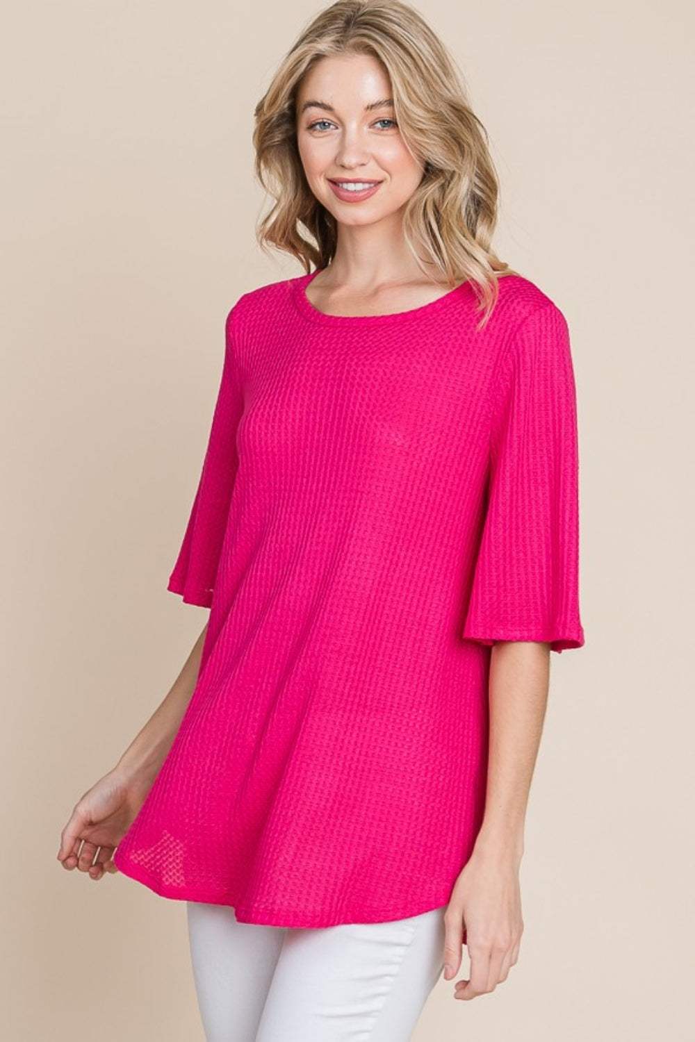 BOMBOM Round Neck Waffle Knit T-Shirt - Trendsi - Flyclothing LLC