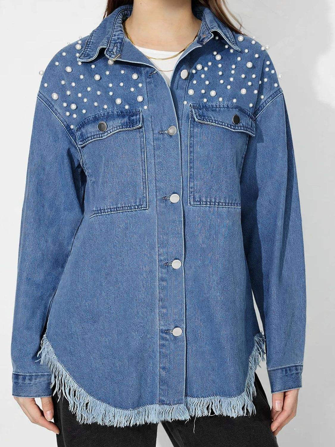 Raw Hem Pearl Trim Collared Neck Denim Top - Trendsi - Flyclothing LLC