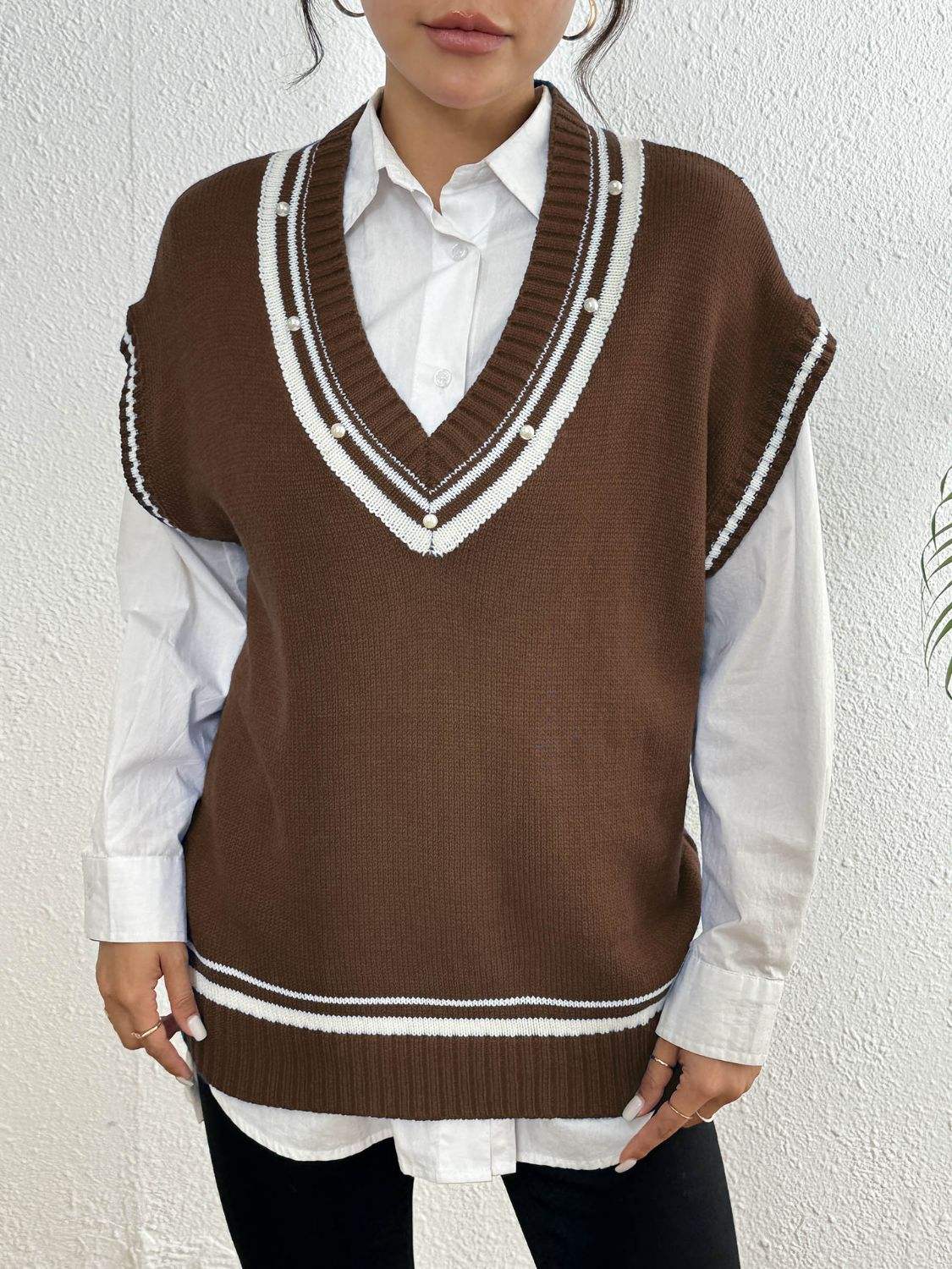 Pearl Trim Contrast V-Neck Sweater Vest - Trendsi - Flyclothing LLC
