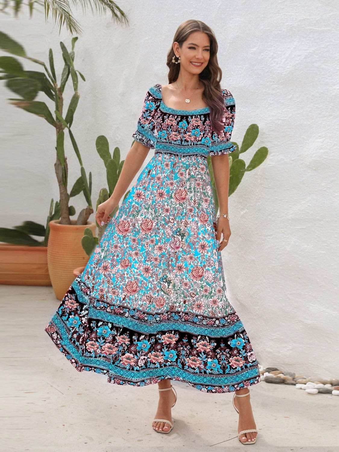 Floral Flounce Sleeve Midi Dress - Trendsi - Flyclothing LLC