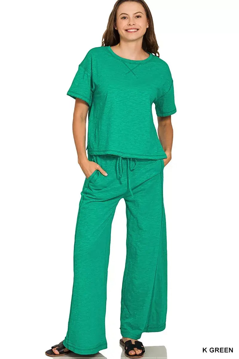 Zenana Cotton Slub Short Sleeve Tee and Pants Set - Trendsi - Flyclothing LLC