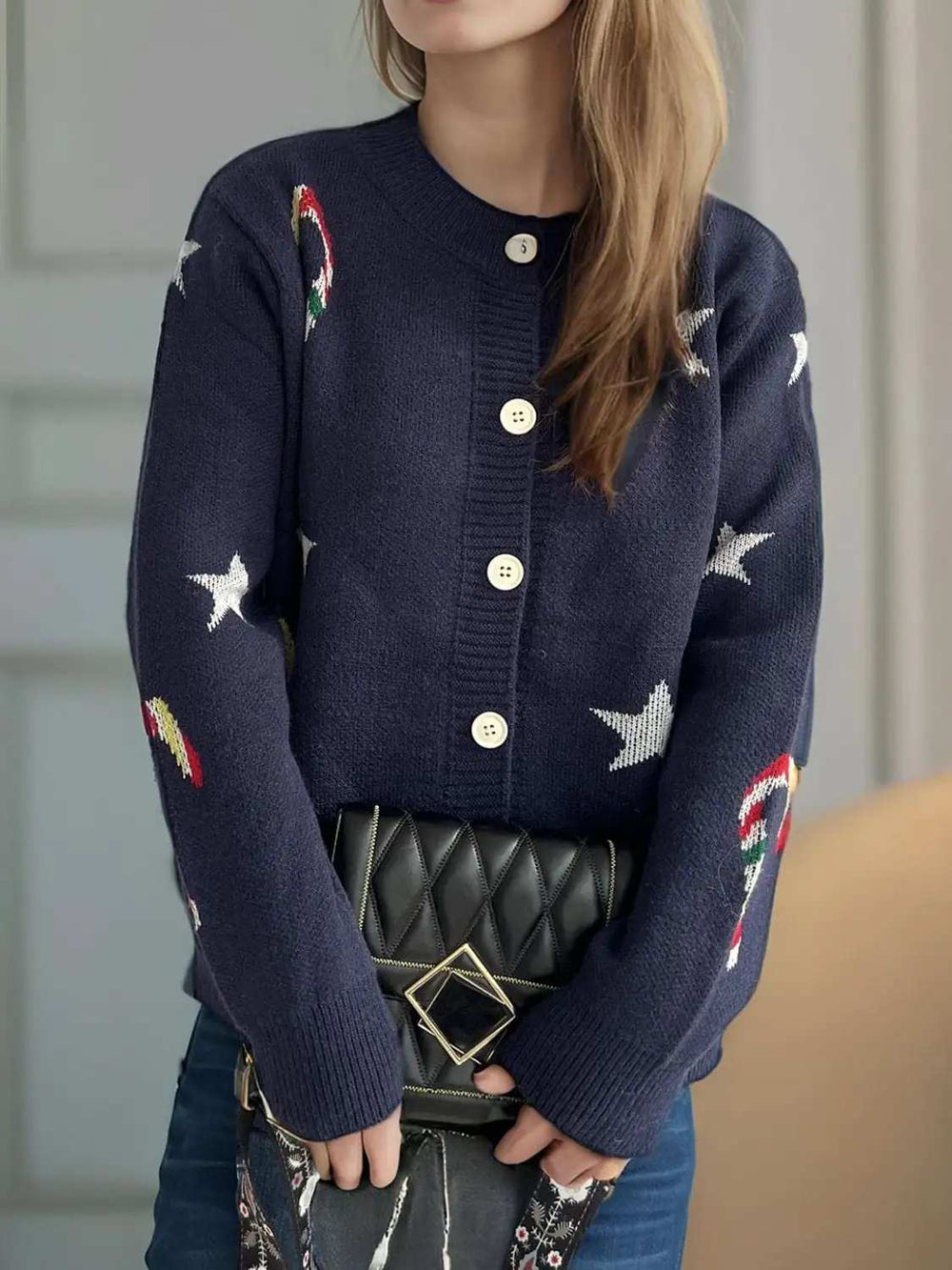 Candy Cane & Star Button Down Long Sleeve Cardigan - Trendsi - Flyclothing LLC