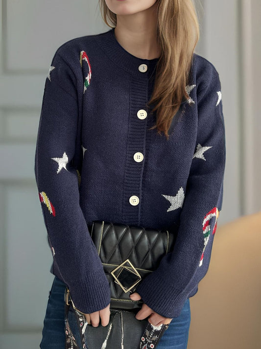 Candy Cane & Star Button Down Long Sleeve Cardigan - Trendsi
