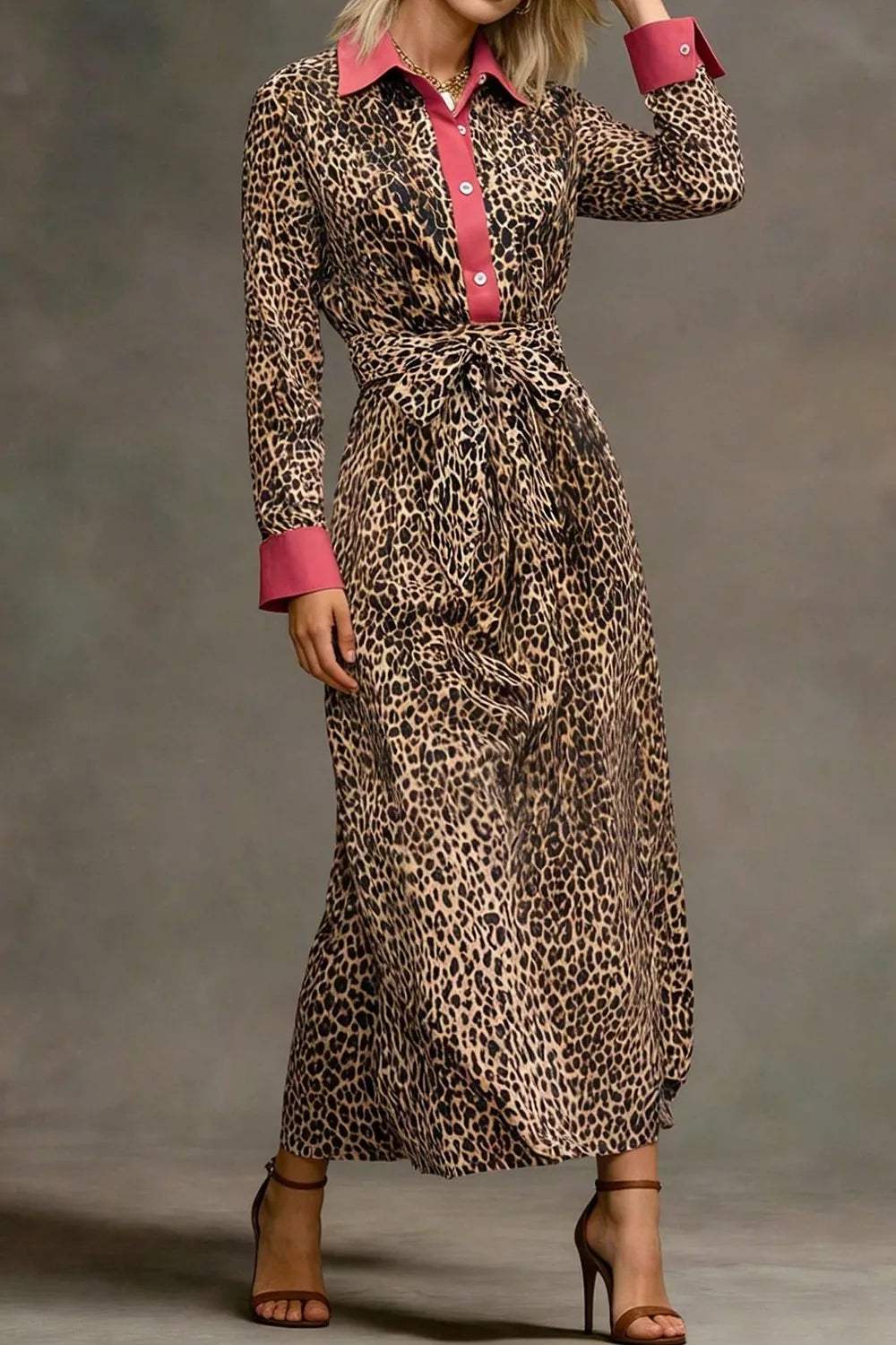 Leopard Print Belted Maxi Shirt Dress - Trendsi - Flyclothing LLC