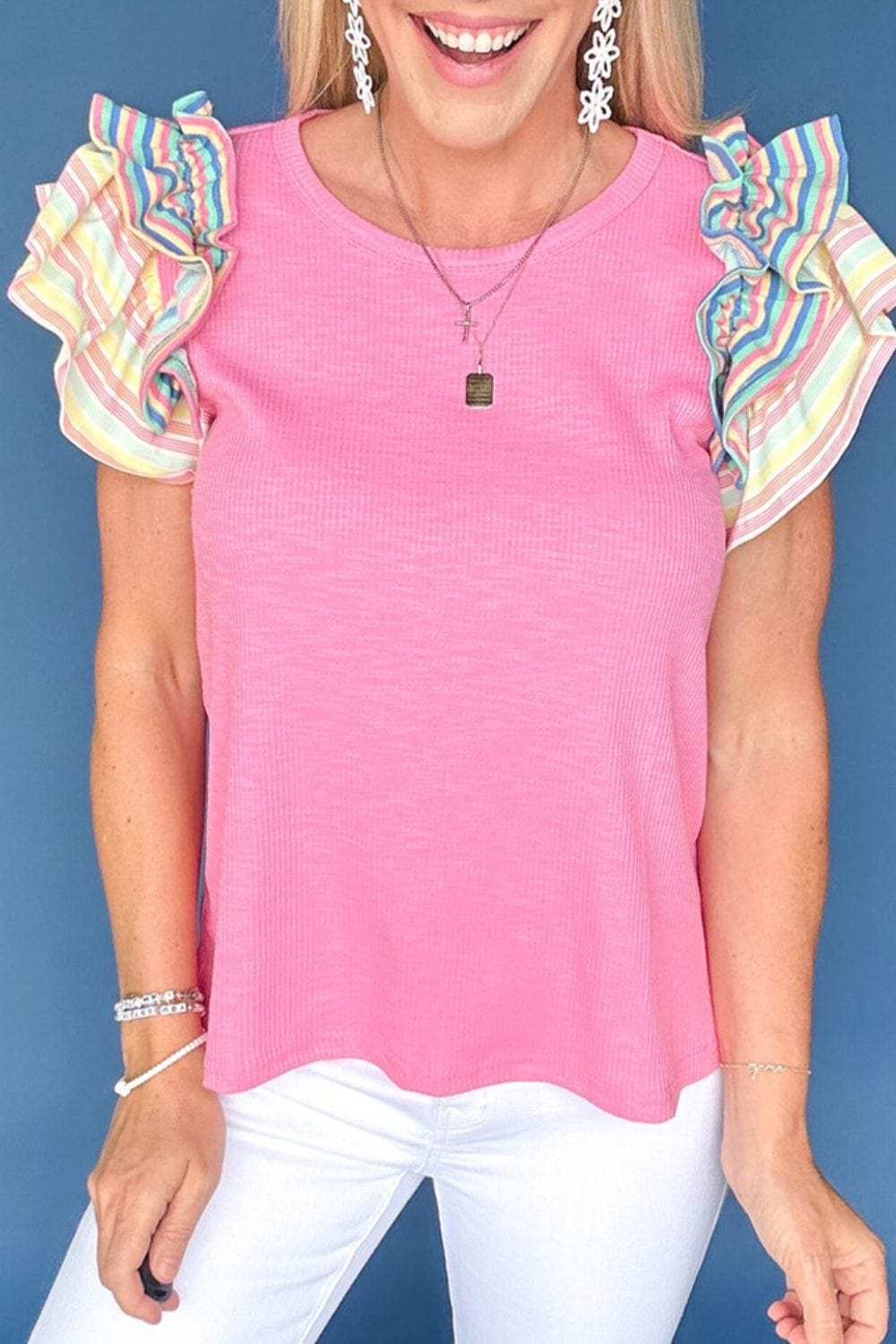 Striped Ruffle Flutter Sleeve Ribbed Blouse - Trendsi - Flyclothing LLC