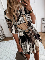 Printed Tie Waist Roll-Tab Sleeve Mini Dress - Trendsi - Flyclothing LLC