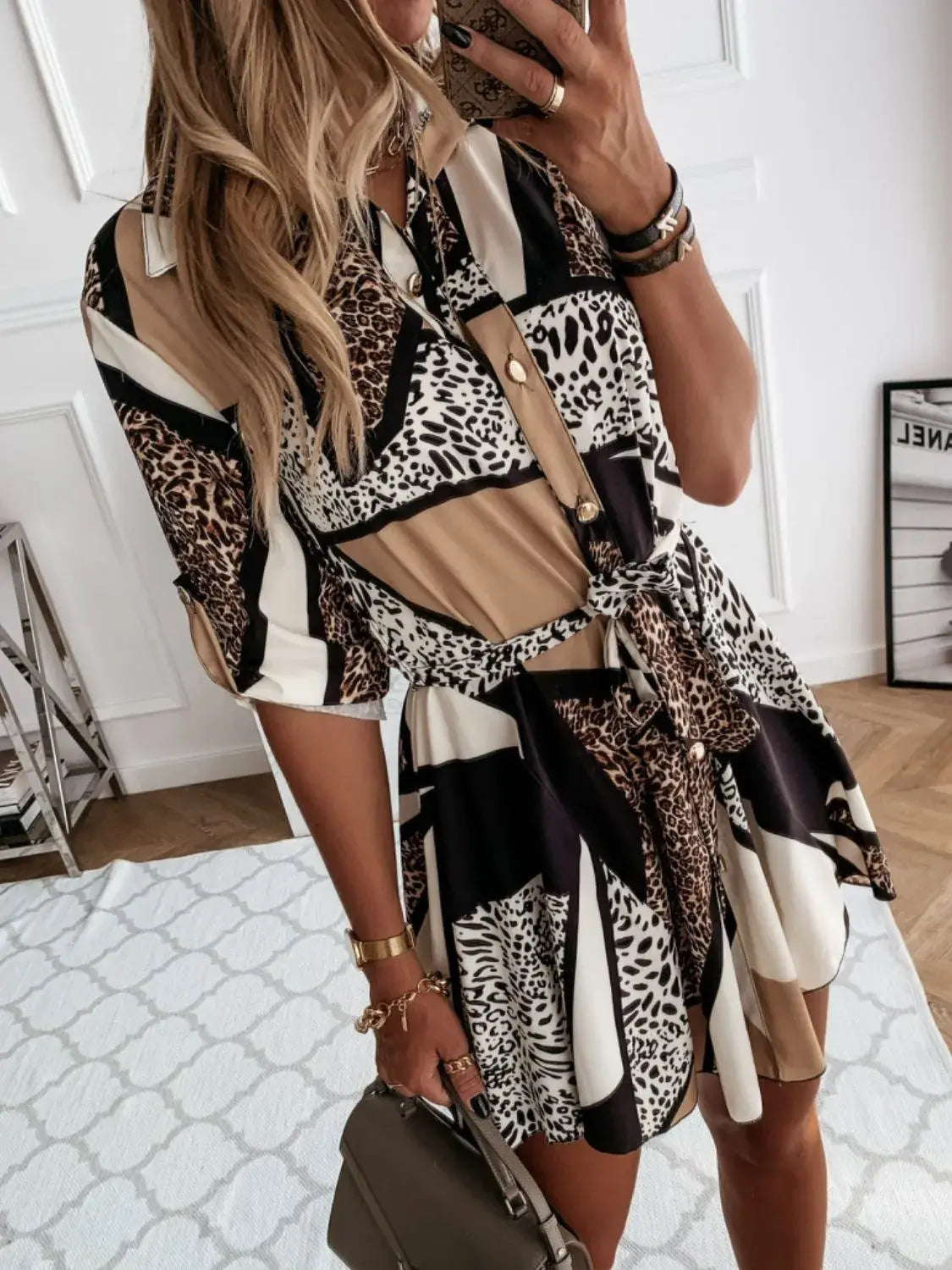 Printed Tie Waist Roll-Tab Sleeve Mini Dress - Trendsi - Flyclothing LLC