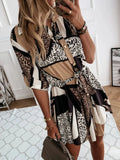 Printed Tie Waist Roll-Tab Sleeve Mini Dress - Trendsi