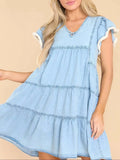 Ruffled Raw Hem Cap Sleeve V-Neck Denim Dress - Trendsi