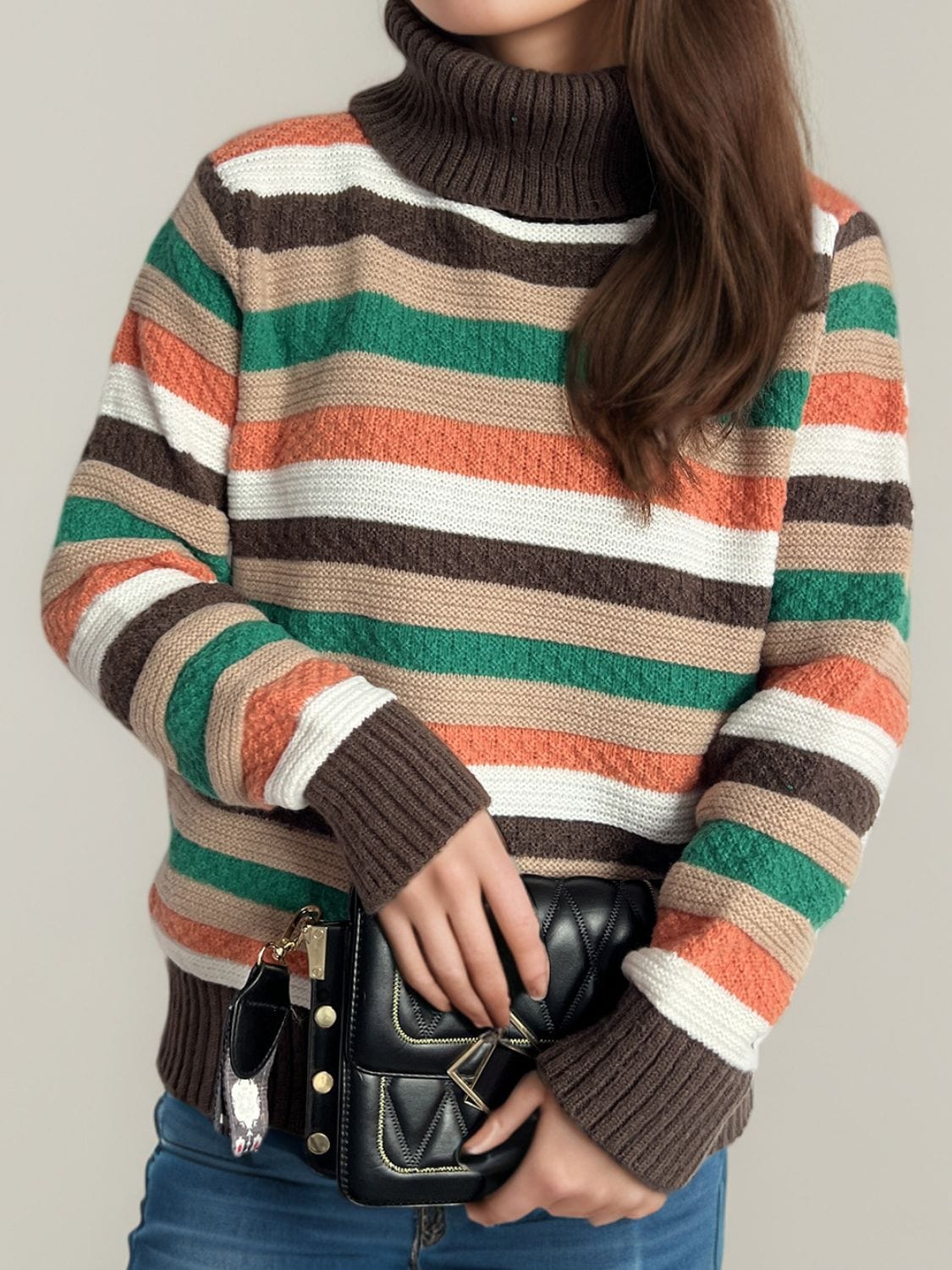 Contrast Stripes Turtleneck Long Sleeve Sweater - Trendsi