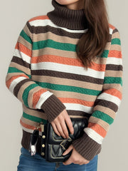 Contrast Stripes Turtleneck Long Sleeve Sweater - Trendsi