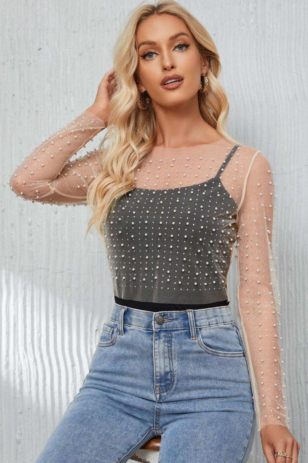 Pearl Long Sleeve Mesh Cropped Top - Trendsi - Flyclothing LLC