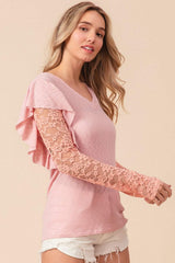 BiBi Ruffled Lace Sleeve Rib Knit Top - Trendsi - Flyclothing LLC