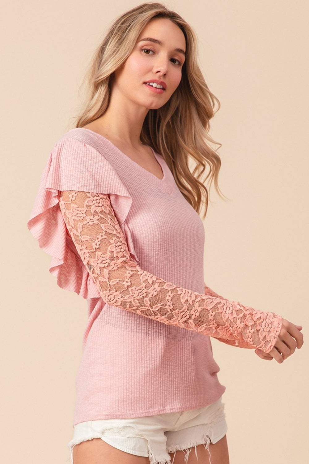 BiBi Ruffled Lace Sleeve Rib Knit Top - Trendsi - Flyclothing LLC