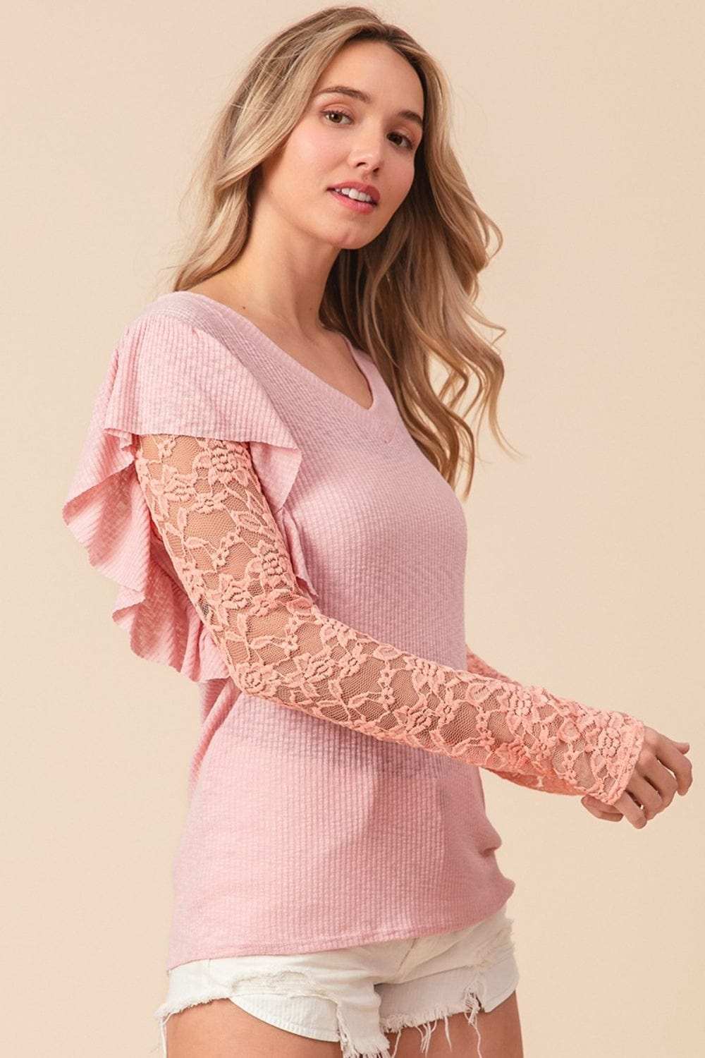 BiBi Ruffled Lace Sleeve Rib Knit Top - Trendsi - Flyclothing LLC