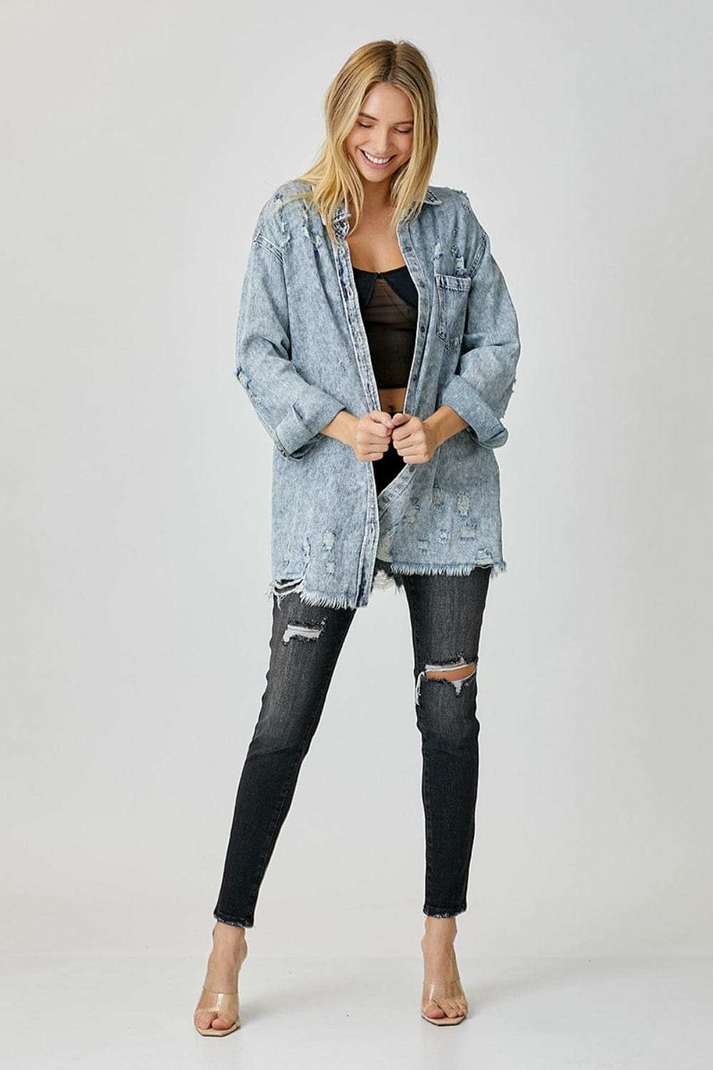 RISEN Distressed Raw Hem Denim Shirt - Trendsi - Flyclothing LLC