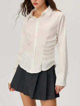 Ruched Button Down Long Sleeve Shirt - Trendsi - Flyclothing LLC