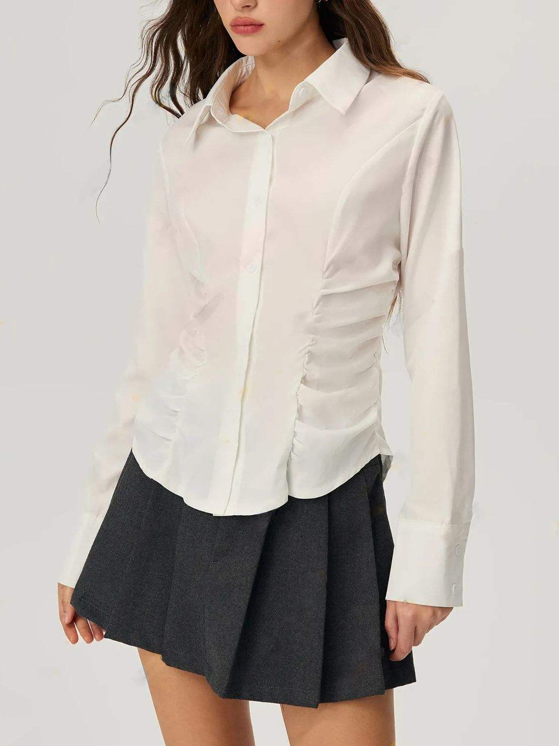 Ruched Button Down Long Sleeve Shirt - Trendsi - Flyclothing LLC
