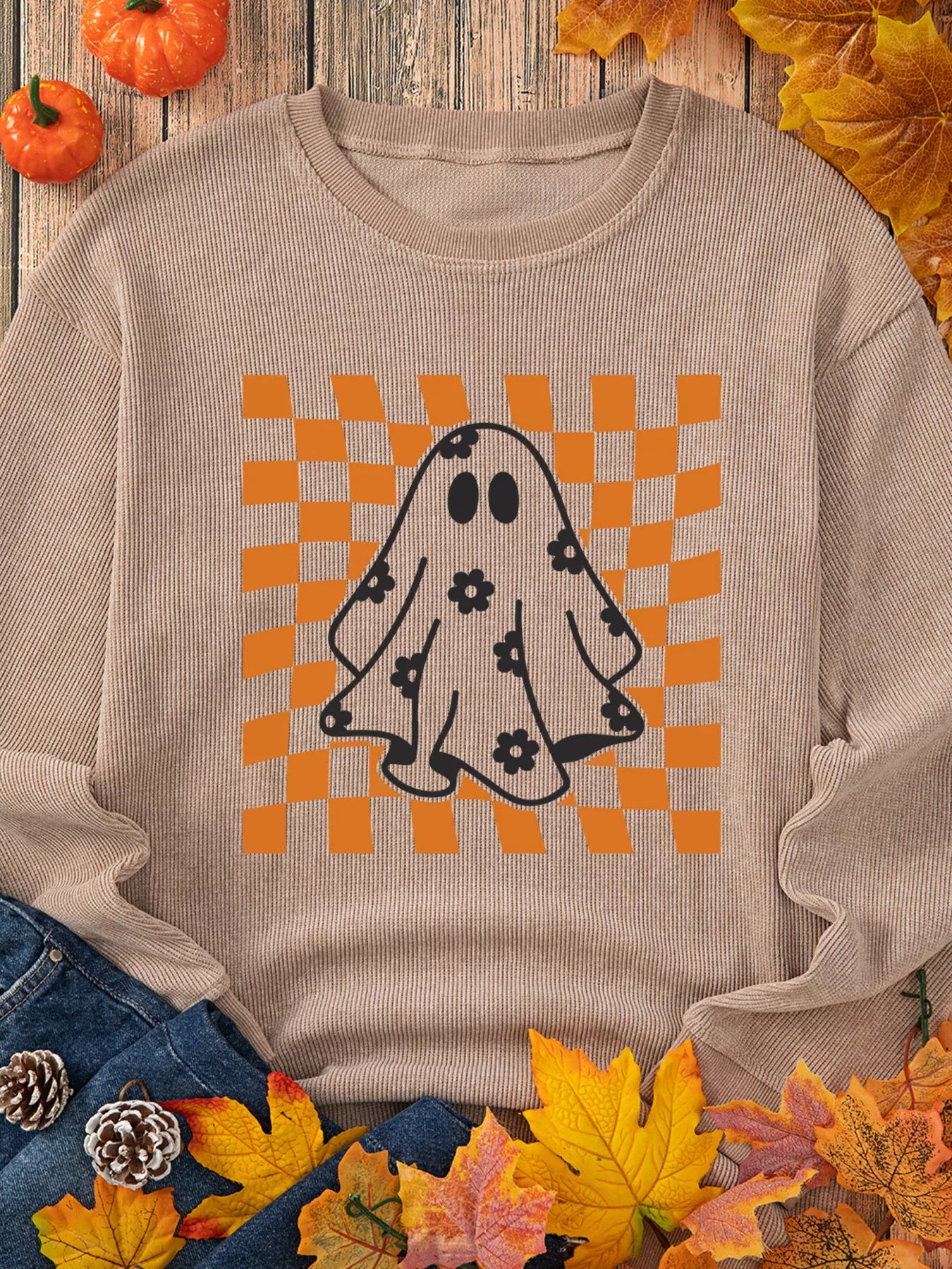 Halloween Checkerboard Floral Ghost Graphic Corded Sweatshirt - Trendsi - Flyclothing LLC