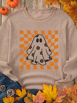 Halloween Checkerboard Floral Ghost Graphic Corded Sweatshirt - Trendsi - Flyclothing LLC