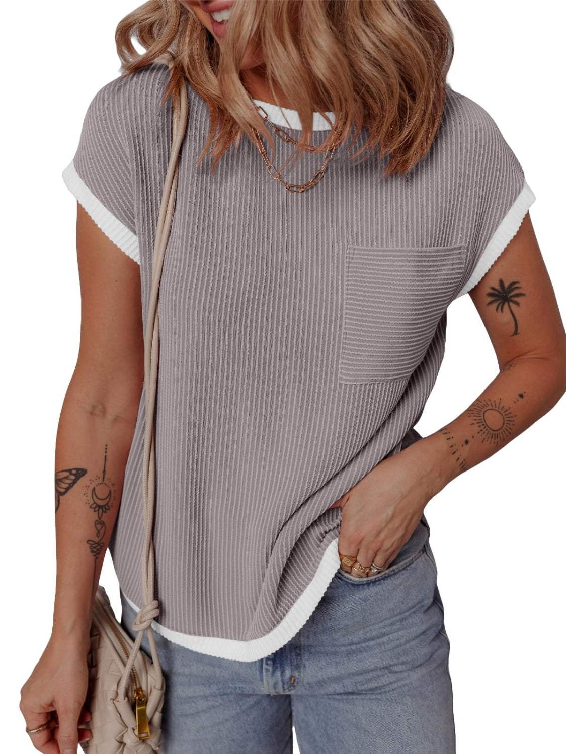 Contrast Trim Round Neck Short Sleeve T-Shirt - Trendsi - Flyclothing LLC