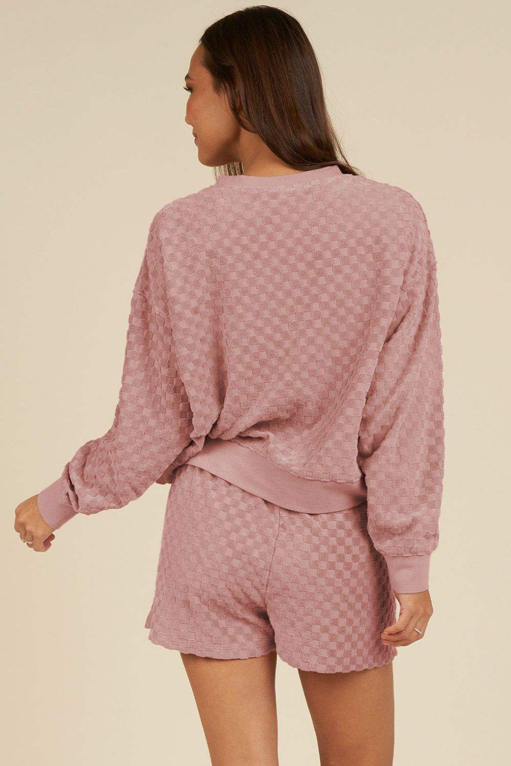 Round Neck Long Sleeve Checkered Top and Shorts Set - Trendsi - Flyclothing LLC