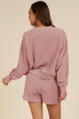 Round Neck Long Sleeve Checkered Top and Shorts Set - Trendsi - Flyclothing LLC