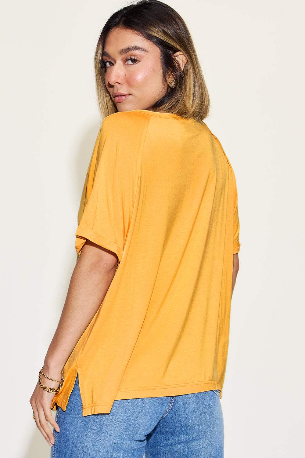 Basic Bae Full Size Bamboo Slit V-Neck Short Sleeve T-Shirt - Trendsi - Flyclothing LLC