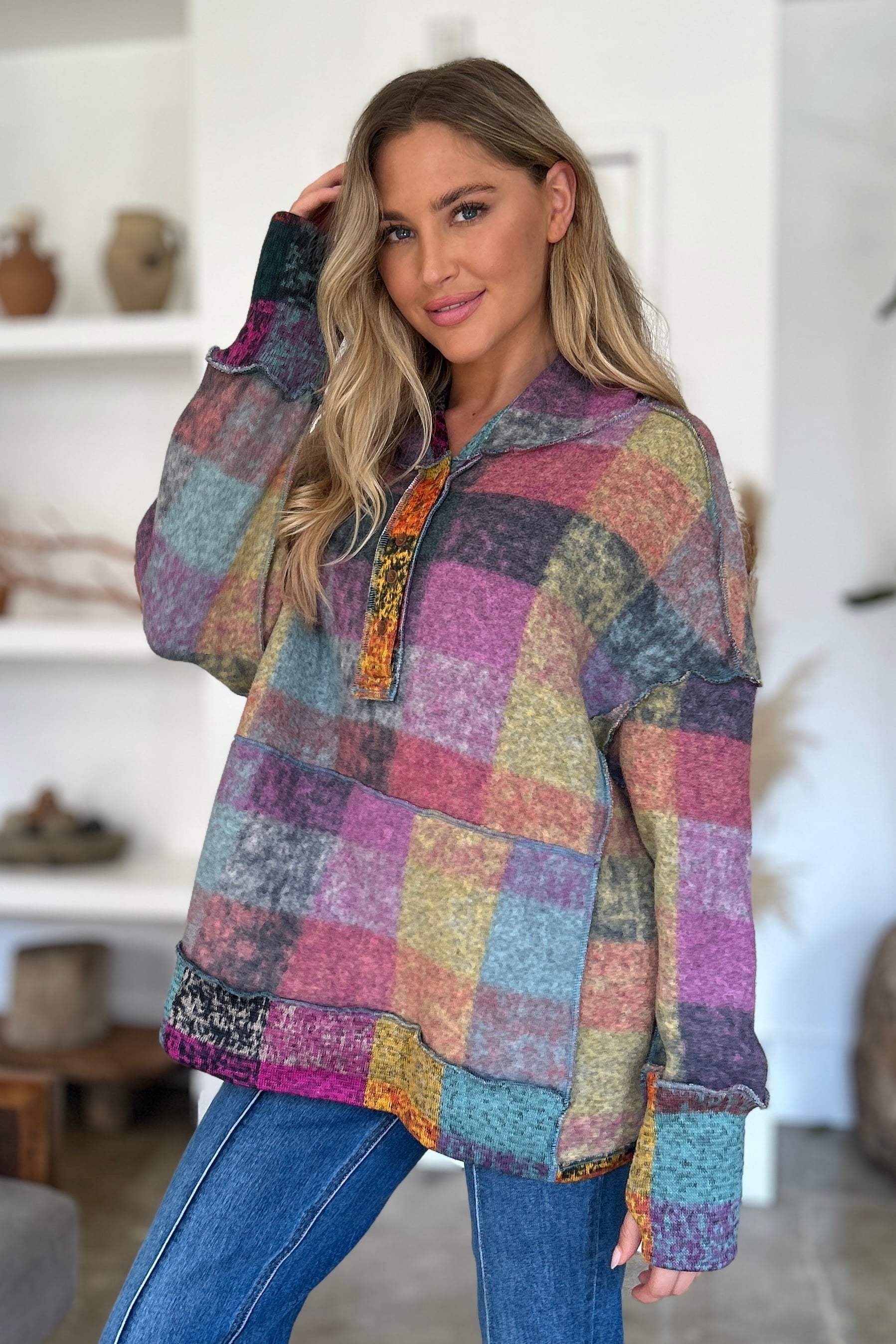 Double Take Full Size Plaid Dropped Shoulder Hoodie - Trendsi - Flyclothing LLC