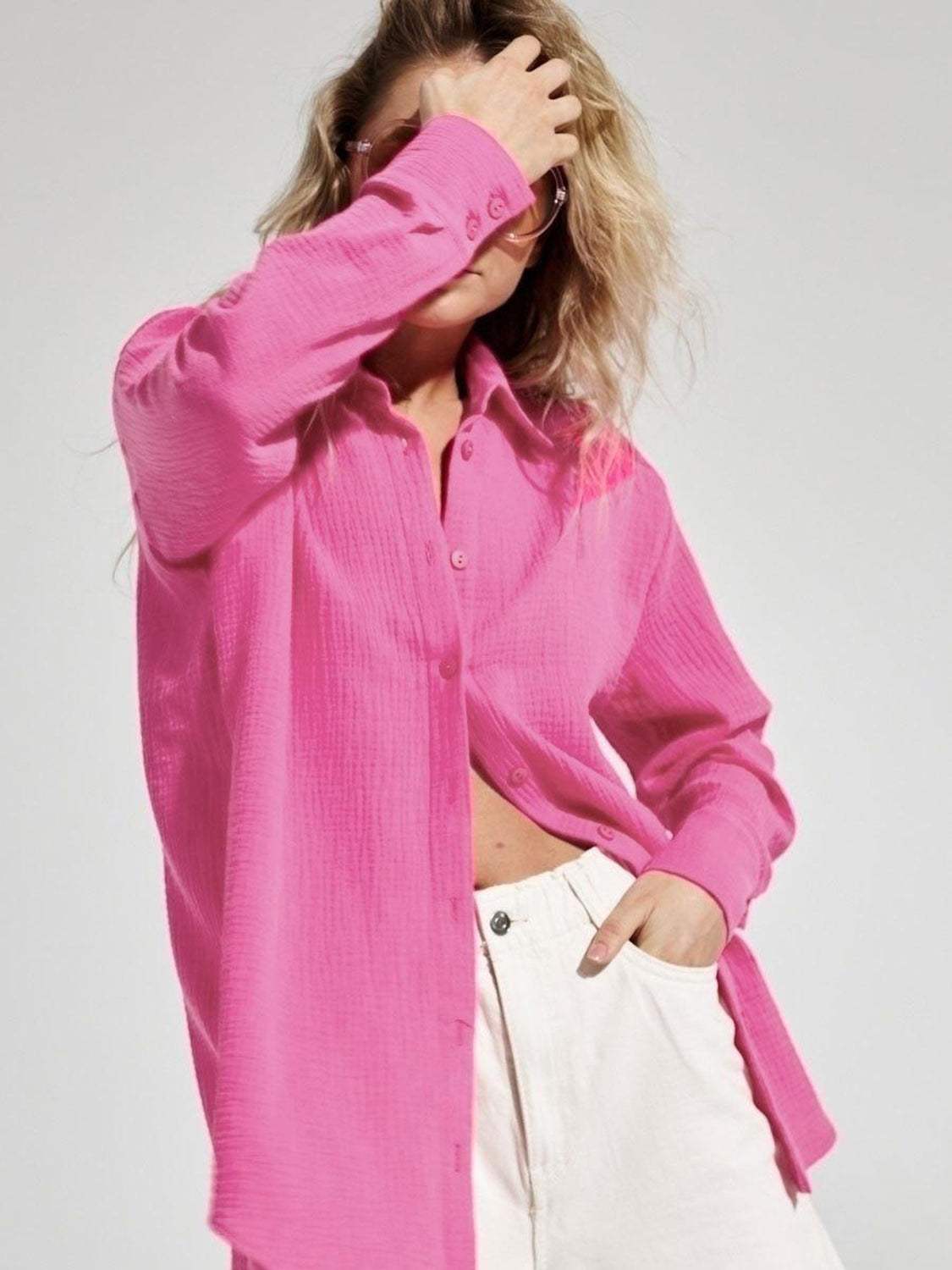 Textured Collared Neck Long Sleeve Shirt - Trendsi - Flyclothing LLC