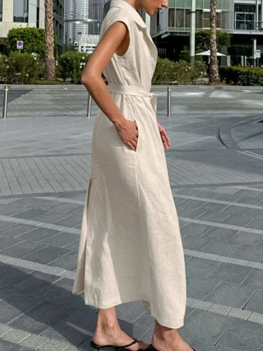 Tie Waist Cap Sleeve Maxi Dress - Trendsi - Flyclothing LLC