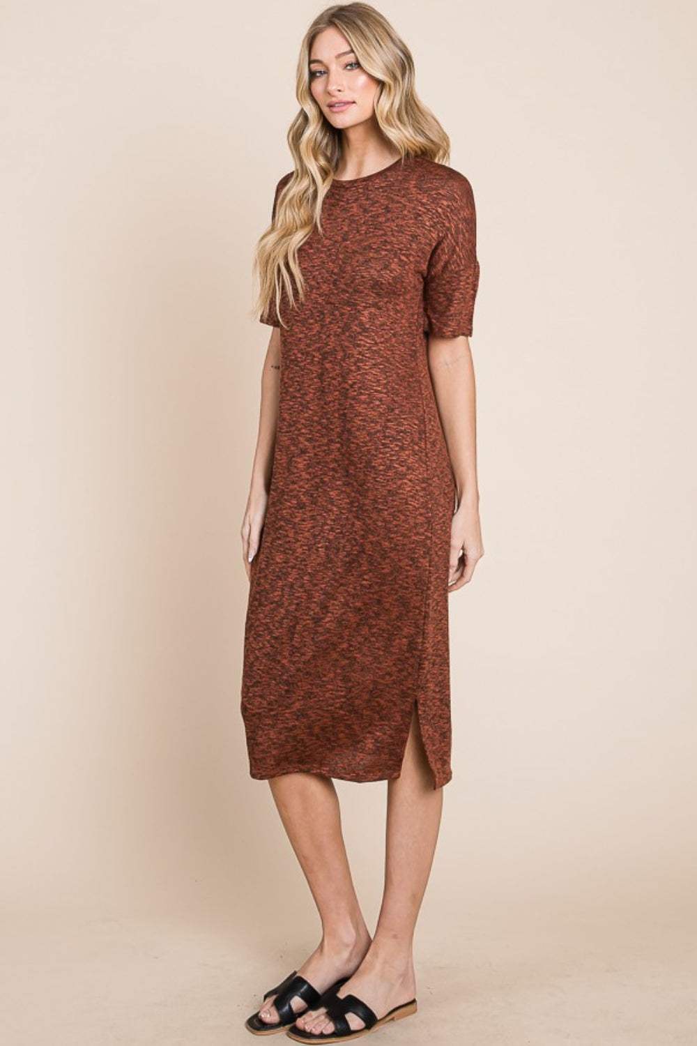 BOMBOM Round Neck Side Slit Midi Dress - Trendsi - Flyclothing LLC
